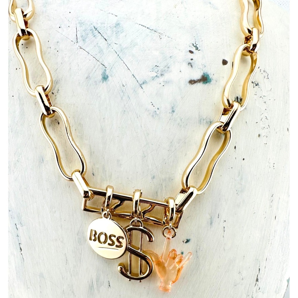 Open Edit BOSS Charm Necklace Gold Tone Chunky Chain Link Adjustable 17-19"
